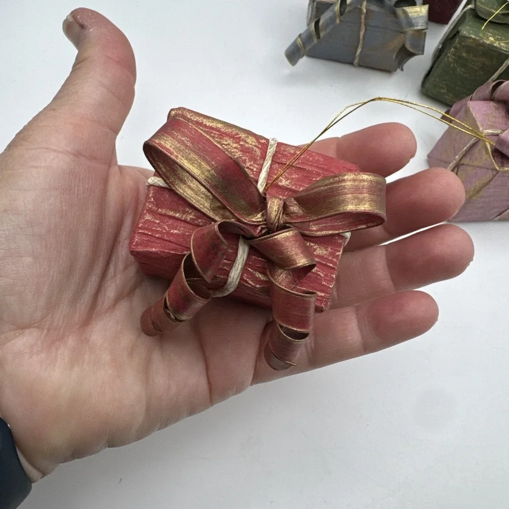 Vintage 80s Dansk‎ Christmas Ornaments Presents Paper Mache Ribbon Set 6 Box